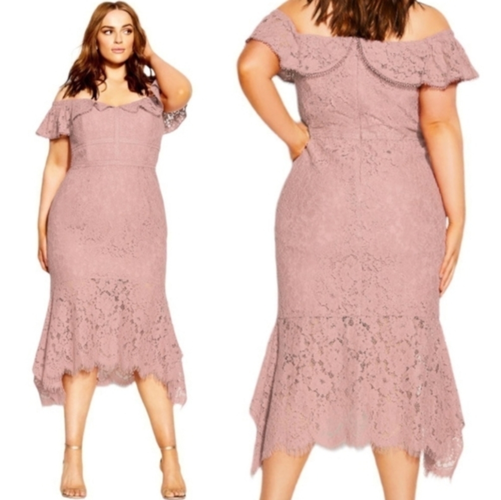 City Chic Angeln Pink Lace Off The Shoulder Party Cocktail Midi Dress Size 22